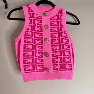 Pink and Red Sleeveless Knit Top with Gold Buttons